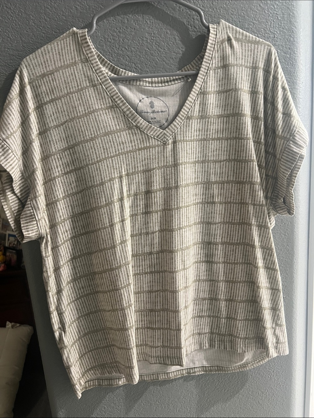 Casual V-Neck Striped Women’s Top - Cream and Gray